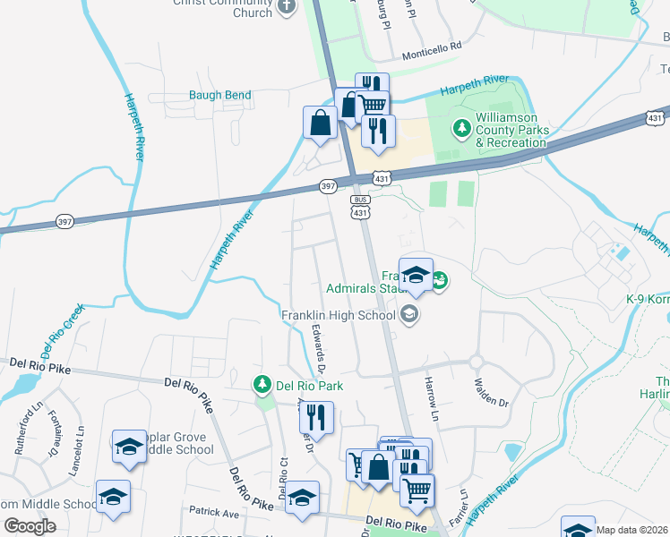 map of restaurants, bars, coffee shops, grocery stores, and more near 827 Victoria Drive in Franklin