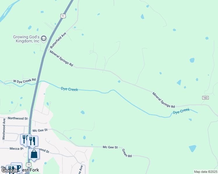 map of restaurants, bars, coffee shops, grocery stores, and more near 12131 Mineral Springs Road in West Fork