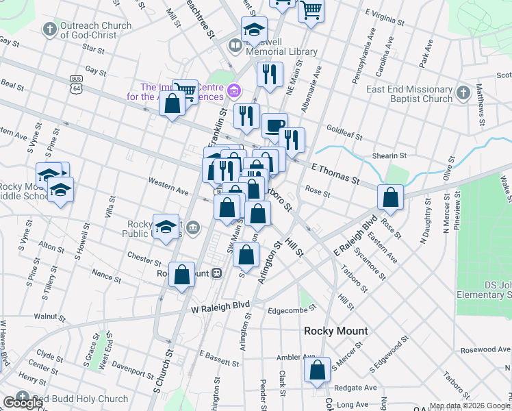 map of restaurants, bars, coffee shops, grocery stores, and more near 126 South Washington Street in Rocky Mount