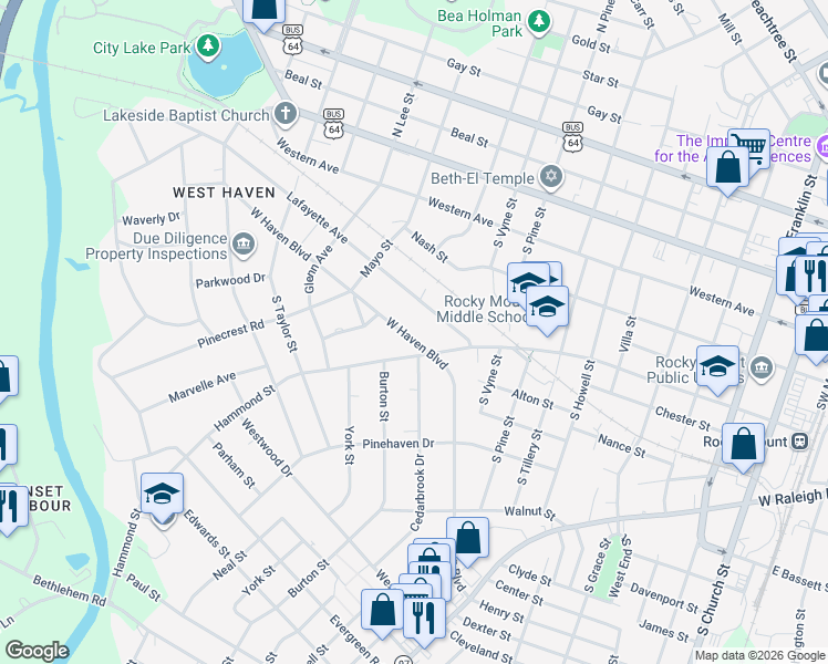 map of restaurants, bars, coffee shops, grocery stores, and more near 1014 West Haven Boulevard in Rocky Mount