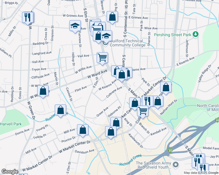 map of restaurants, bars, coffee shops, grocery stores, and more near 215 West Kearns Avenue in High Point