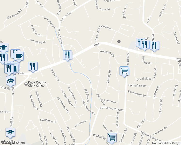 map of restaurants, bars, coffee shops, grocery stores, and more near 8914 Ripon Circle in Knoxville