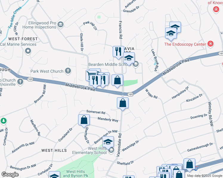 map of restaurants, bars, coffee shops, grocery stores, and more near 7333 Middlebrook Pike in Knoxville