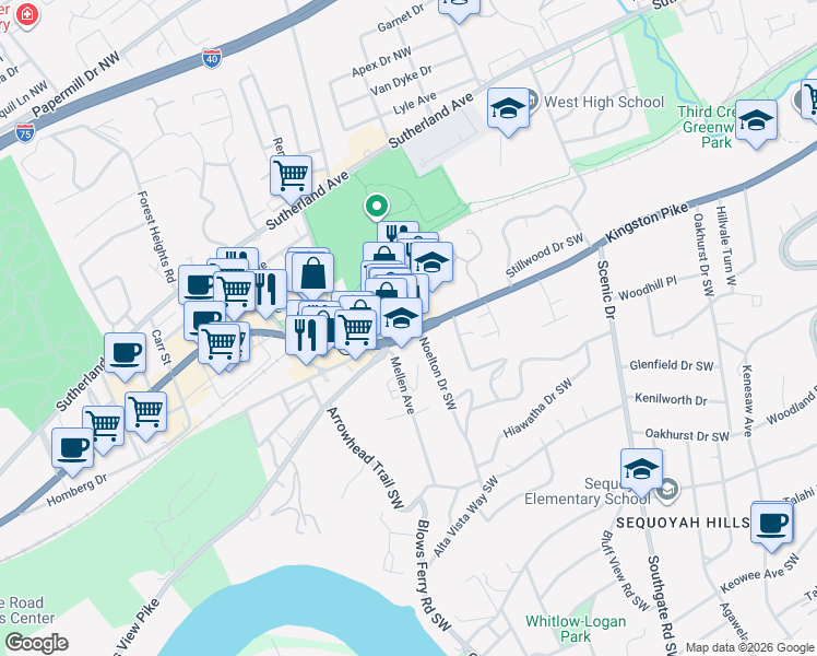map of restaurants, bars, coffee shops, grocery stores, and more near 4441 Kingston Pike in Knoxville