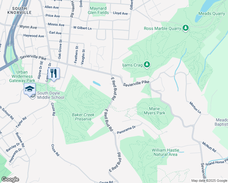 map of restaurants, bars, coffee shops, grocery stores, and more near 755 East Red Bud Road in Knoxville