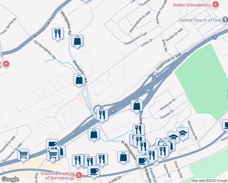 map of restaurants, bars, coffee shops, grocery stores, and more near 6101 Janmer Lane in Knoxville