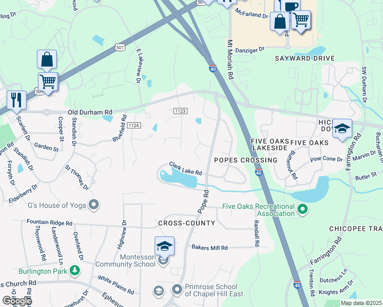 map of restaurants, bars, coffee shops, grocery stores, and more near 106 Rother Lane in Durham