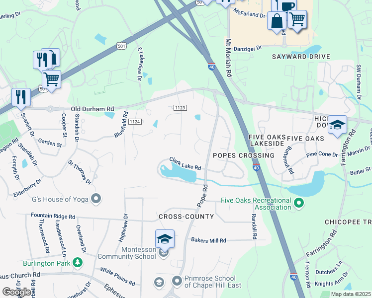 map of restaurants, bars, coffee shops, grocery stores, and more near 227 White Oak Drive in Durham