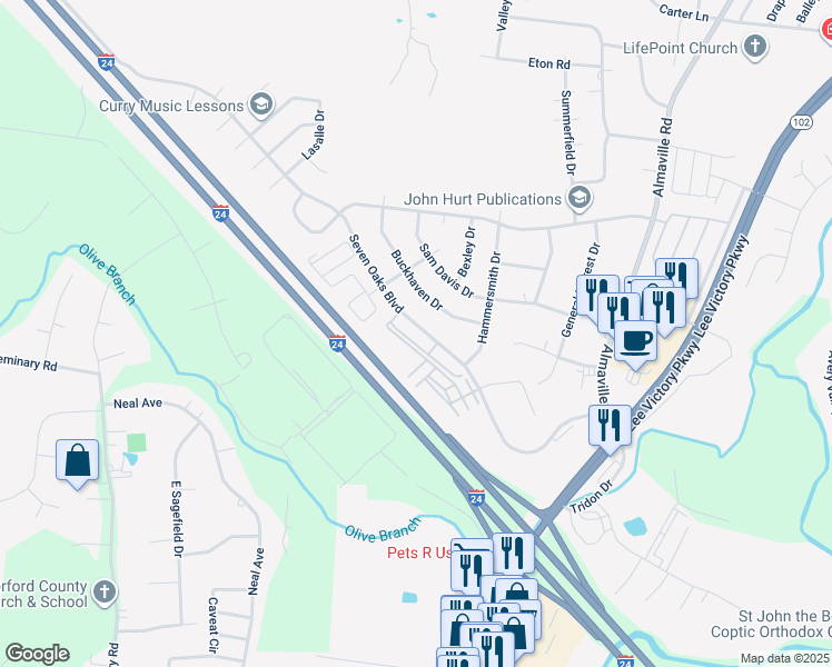 map of restaurants, bars, coffee shops, grocery stores, and more near 939 7 Oaks Boulevard in Smyrna