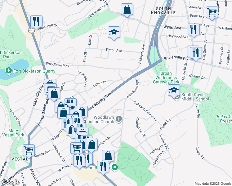 map of restaurants, bars, coffee shops, grocery stores, and more near 510 East Moody Avenue in Knoxville