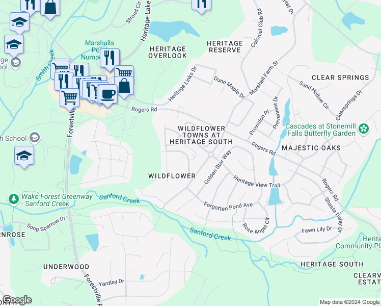 map of restaurants, bars, coffee shops, grocery stores, and more near 3823 Crimson Clover Avenue in Wake Forest