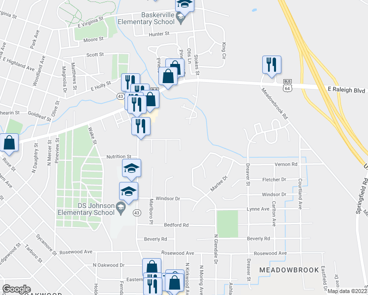 map of restaurants, bars, coffee shops, grocery stores, and more near 121 Nandina Court in Rocky Mount