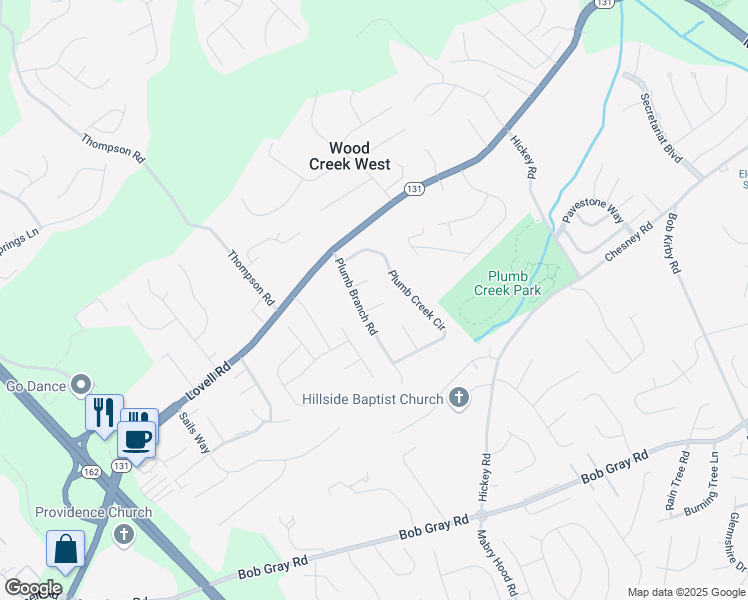 map of restaurants, bars, coffee shops, grocery stores, and more near 10203 Green Spring Lane in Knoxville