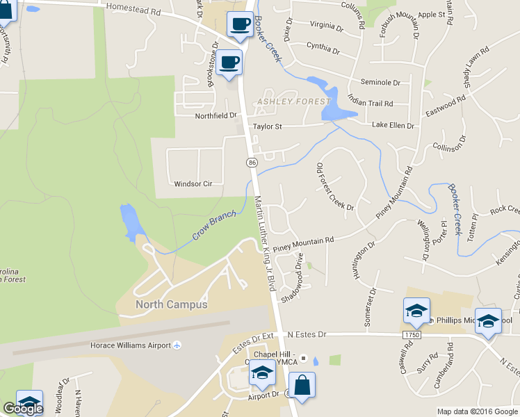 map of restaurants, bars, coffee shops, grocery stores, and more near 1139 Martin Luther King Jr Blvd in Chapel Hill