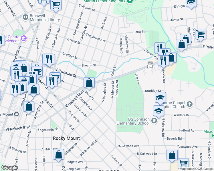 map of restaurants, bars, coffee shops, grocery stores, and more near 529 North Daughtry Street in Rocky Mount