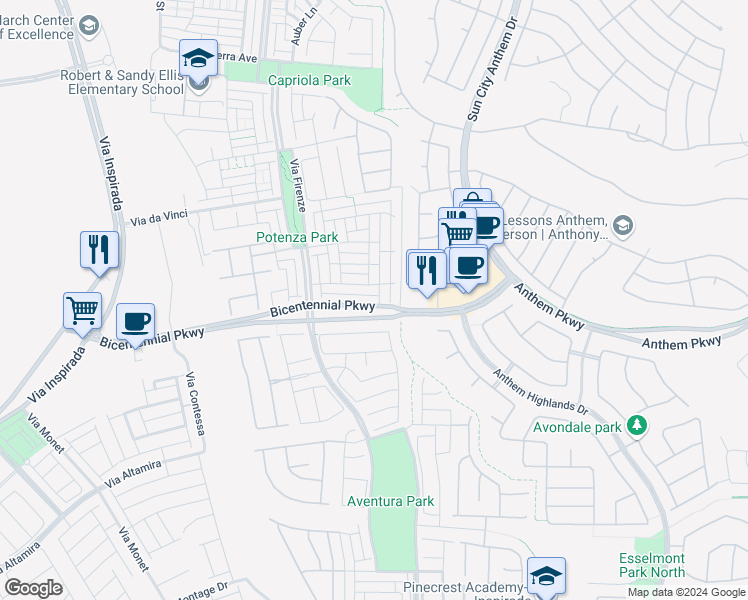 map of restaurants, bars, coffee shops, grocery stores, and more near 3004 Bicentennial Parkway in Henderson