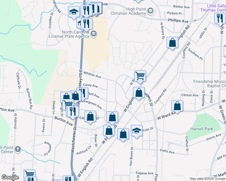 map of restaurants, bars, coffee shops, grocery stores, and more near 512 Ridgecrest Dr in High Point