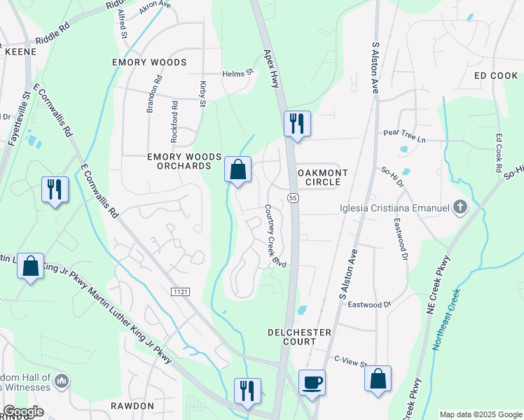 map of restaurants, bars, coffee shops, grocery stores, and more near 1408 Holly Grove Way in Durham
