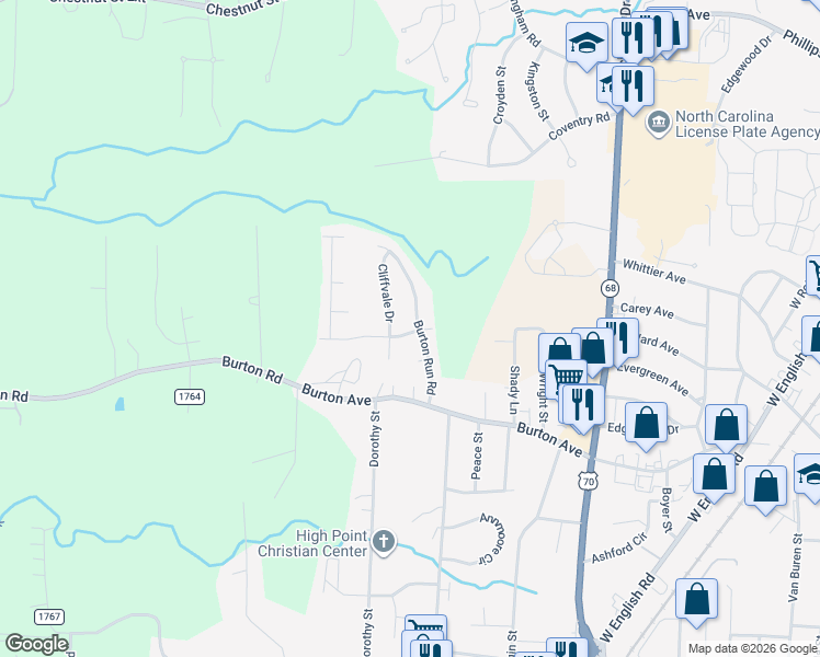 map of restaurants, bars, coffee shops, grocery stores, and more near 2104 Burton Run Road in High Point