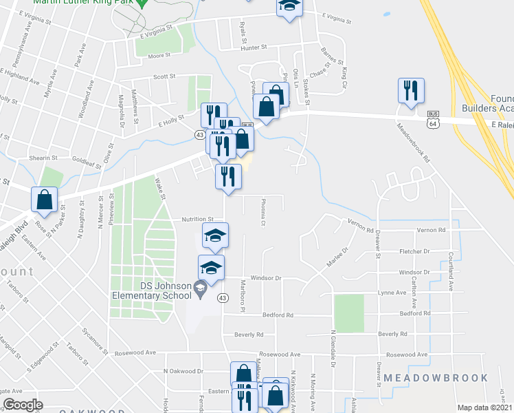 map of restaurants, bars, coffee shops, grocery stores, and more near 108 Photinia Court in Rocky Mount
