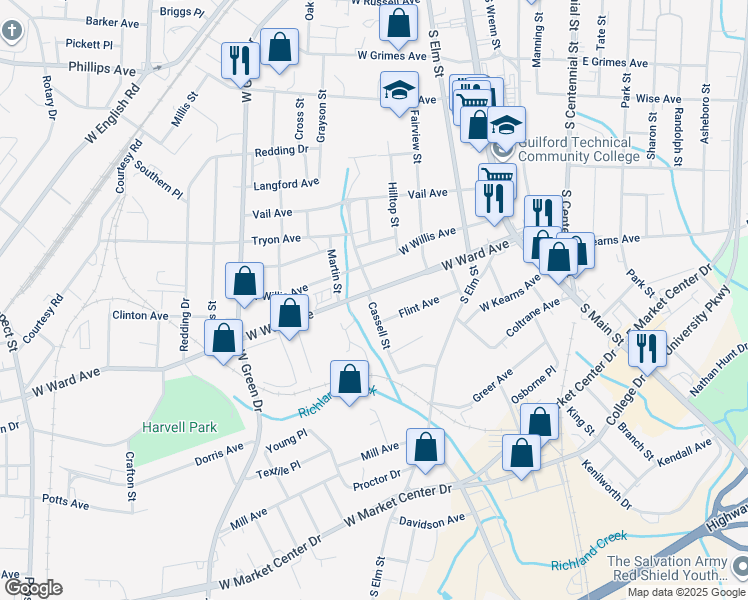 map of restaurants, bars, coffee shops, grocery stores, and more near 537 West Ward Avenue in High Point