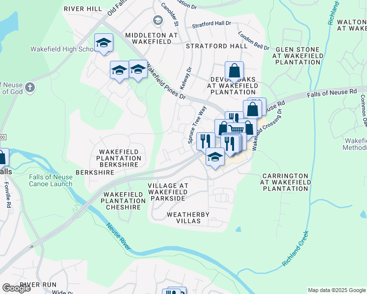 map of restaurants, bars, coffee shops, grocery stores, and more near 12110 Bedford Woods Drive in Raleigh