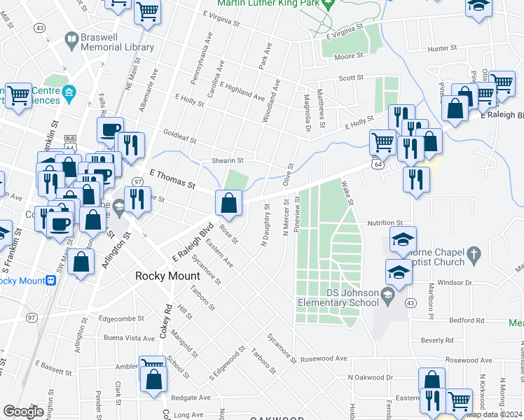 map of restaurants, bars, coffee shops, grocery stores, and more near 528 North Daughtry Street in Rocky Mount