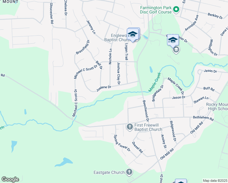 map of restaurants, bars, coffee shops, grocery stores, and more near 2028 Joelene Drive in Rocky Mount