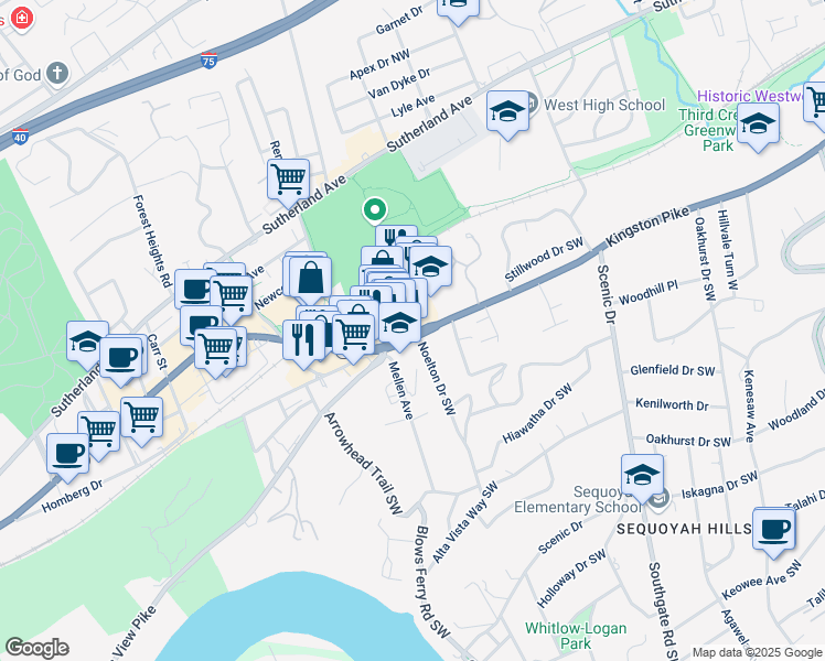 map of restaurants, bars, coffee shops, grocery stores, and more near 4409 Kingston Pike in Knoxville