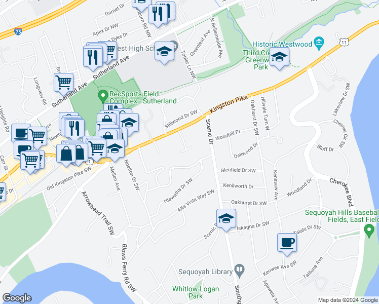 map of restaurants, bars, coffee shops, grocery stores, and more near 4058 Kingston Park Drive Southwest in Knoxville