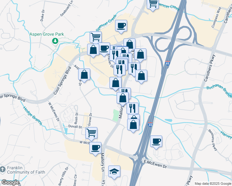 map of restaurants, bars, coffee shops, grocery stores, and more near 790 Jordan Road in Franklin