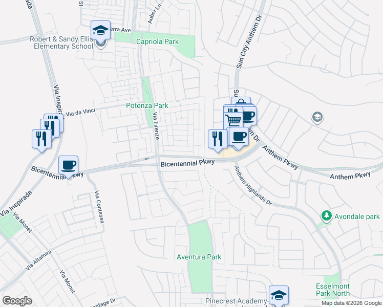 map of restaurants, bars, coffee shops, grocery stores, and more near 3000 Bicentennial Parkway in Henderson