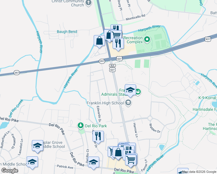 map of restaurants, bars, coffee shops, grocery stores, and more near 827 Victoria Drive in Franklin