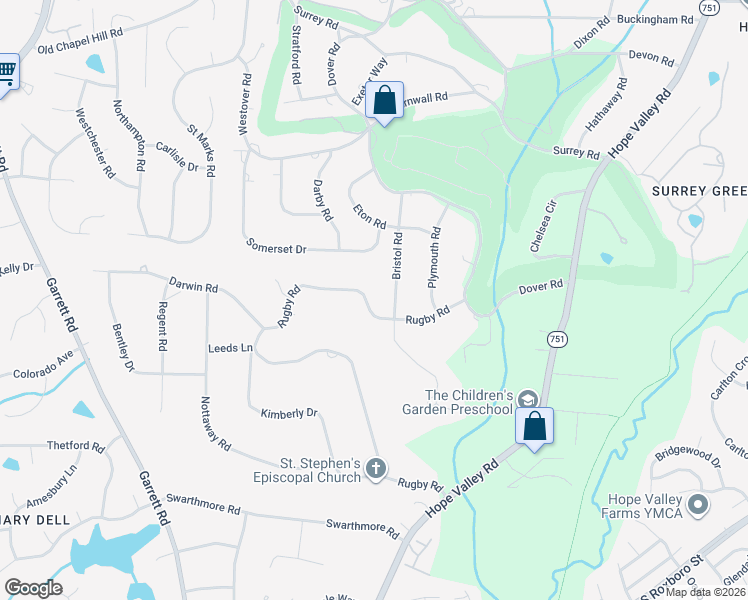 map of restaurants, bars, coffee shops, grocery stores, and more near 3308 Rugby Road in Durham