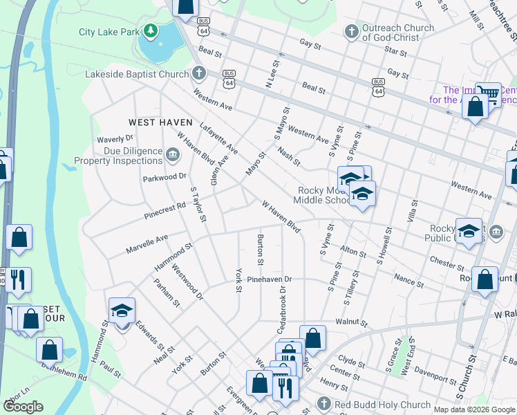 map of restaurants, bars, coffee shops, grocery stores, and more near 1021 West Haven Boulevard in Rocky Mount