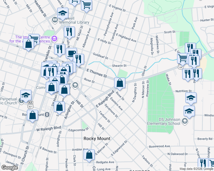map of restaurants, bars, coffee shops, grocery stores, and more near 416 Rose Street in Rocky Mount