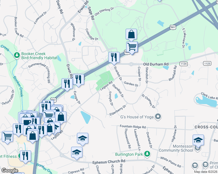 map of restaurants, bars, coffee shops, grocery stores, and more near 1734 Legion Road in Chapel Hill
