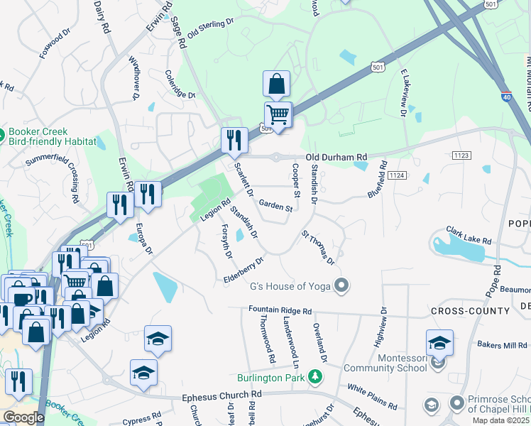 map of restaurants, bars, coffee shops, grocery stores, and more near 217 Scarlett Drive in Chapel Hill