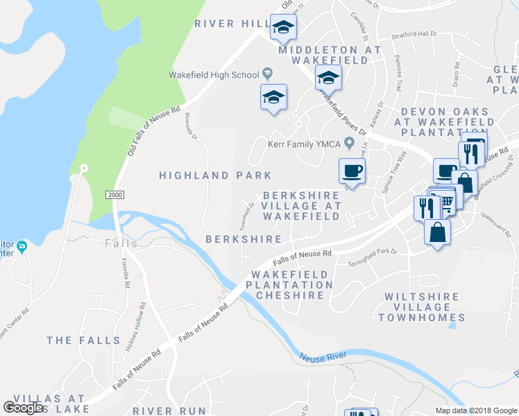 map of restaurants, bars, coffee shops, grocery stores, and more near 2108 Village Oaks Lane in Raleigh