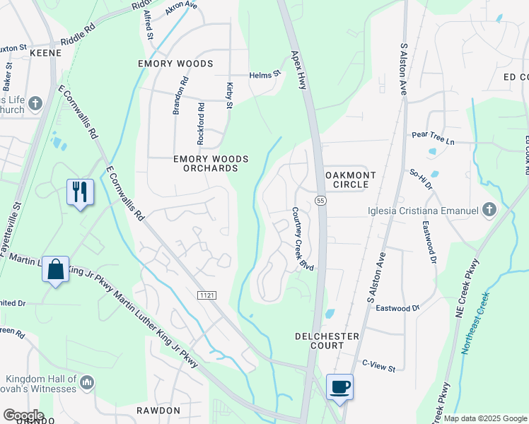 map of restaurants, bars, coffee shops, grocery stores, and more near 2776 Wyntercrest Lane in Durham