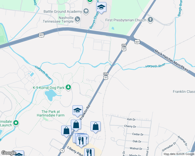 map of restaurants, bars, coffee shops, grocery stores, and more near 122 Harlinsdale court in Franklin