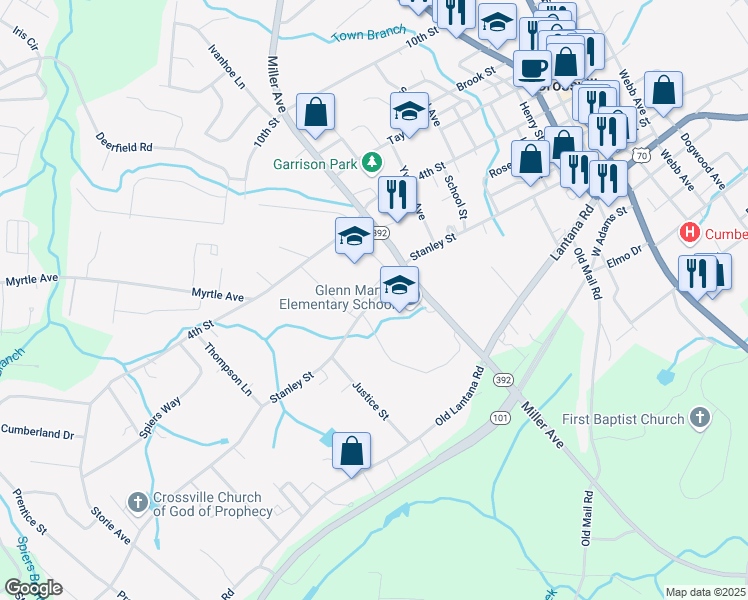 map of restaurants, bars, coffee shops, grocery stores, and more near 660 Stanley Street in Crossville