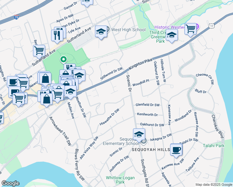 map of restaurants, bars, coffee shops, grocery stores, and more near 4058 Kingston Park Drive Southwest in Knoxville