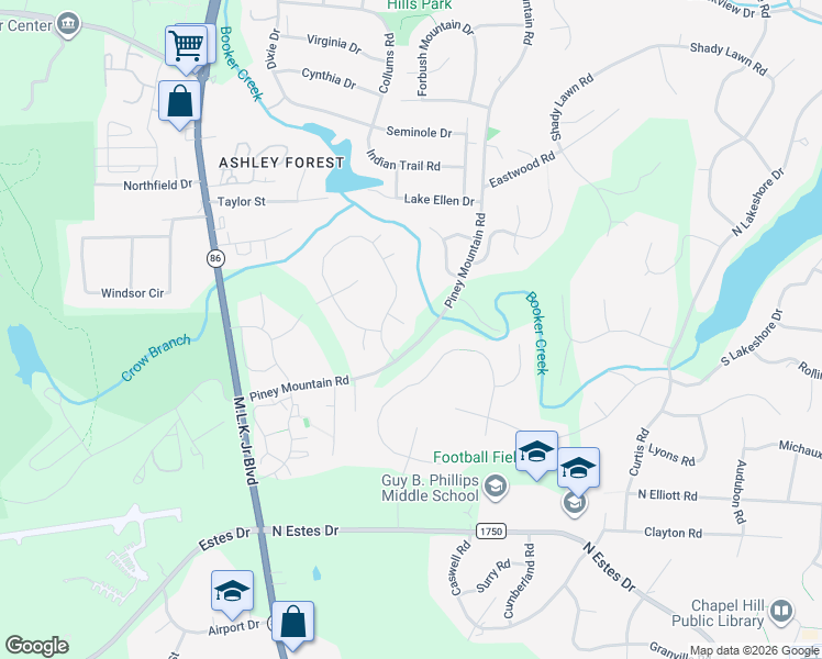 map of restaurants, bars, coffee shops, grocery stores, and more near 110 Pinchot Lane in Chapel Hill