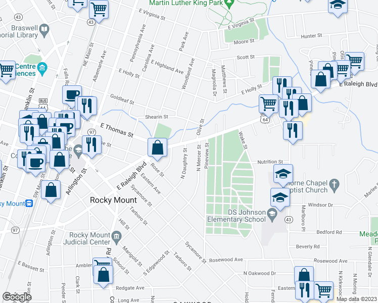 map of restaurants, bars, coffee shops, grocery stores, and more near 531 North Daughtry Street in Rocky Mount