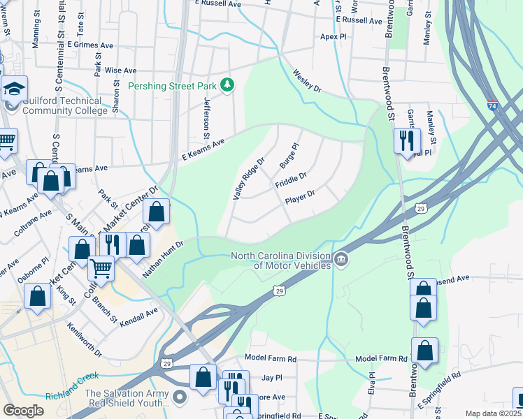 map of restaurants, bars, coffee shops, grocery stores, and more near 317 Player Drive in High Point