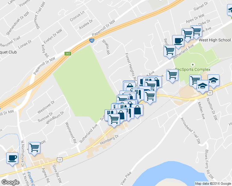 map of restaurants, bars, coffee shops, grocery stores, and more near 421 Highland Hills Rd in Knoxville