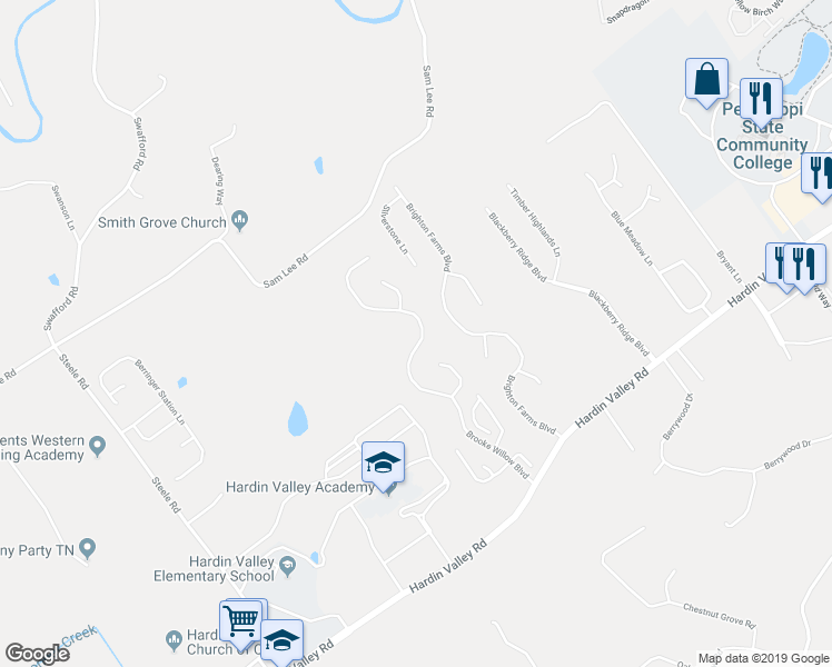 map of restaurants, bars, coffee shops, grocery stores, and more near 2519 Brooke Willow Boulevard in Knoxville