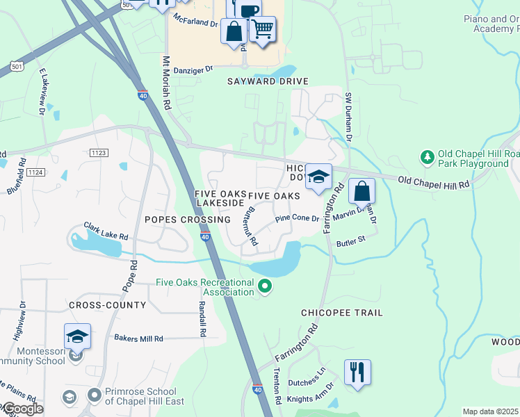 map of restaurants, bars, coffee shops, grocery stores, and more near 5009 Butternut Road in Durham