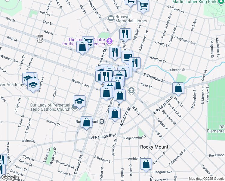 map of restaurants, bars, coffee shops, grocery stores, and more near 146 Southwest Main Street in Rocky Mount